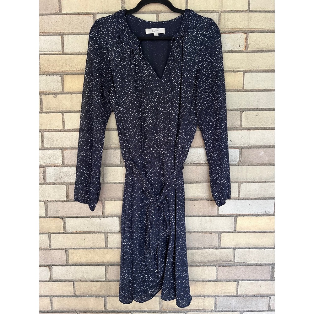 Ann Taylor LOFT Navy Polka Dot Long Sleeve Tie Waist Dress Size 8 Medium